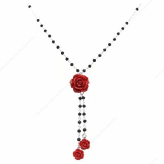 Collana rosario in argento con rose rosse